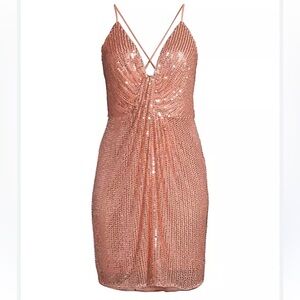 New Liv Foster Draped Embellished Rosy Peach Beaded Sequin Mini Dress Size 4